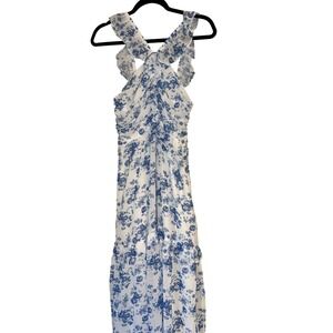 Grace Karin Women's Blue Floral Maxi Dress Ruffle Halter Neckline Tiered Skirt M